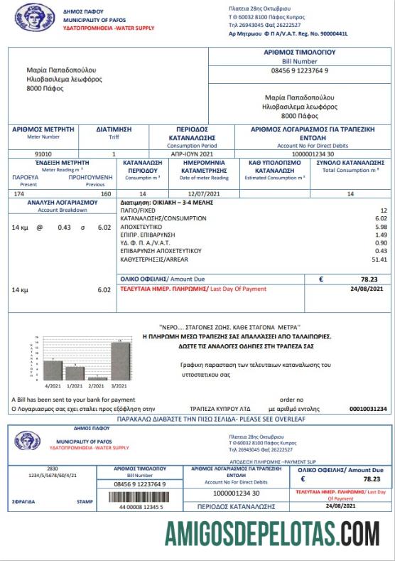 Conta de serviços hídricos de Chipre amostra
